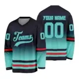 Full squad wearing custom printed hockey team wear uniforms on the ice rink