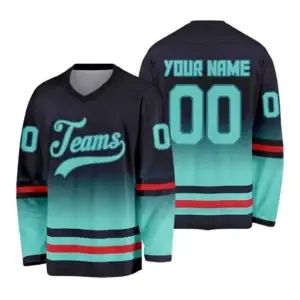 Full squad wearing custom printed hockey team wear uniforms on the ice rink