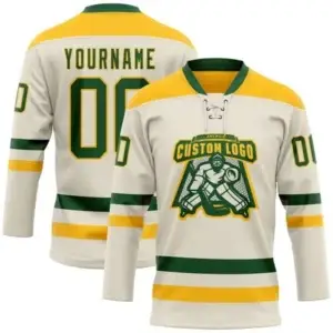 Custom sublimated hockey jersey displayed in team colors on a stadium mannequin