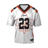 Custom tackle-twill american football jersey displayed in team colors on a mannequin